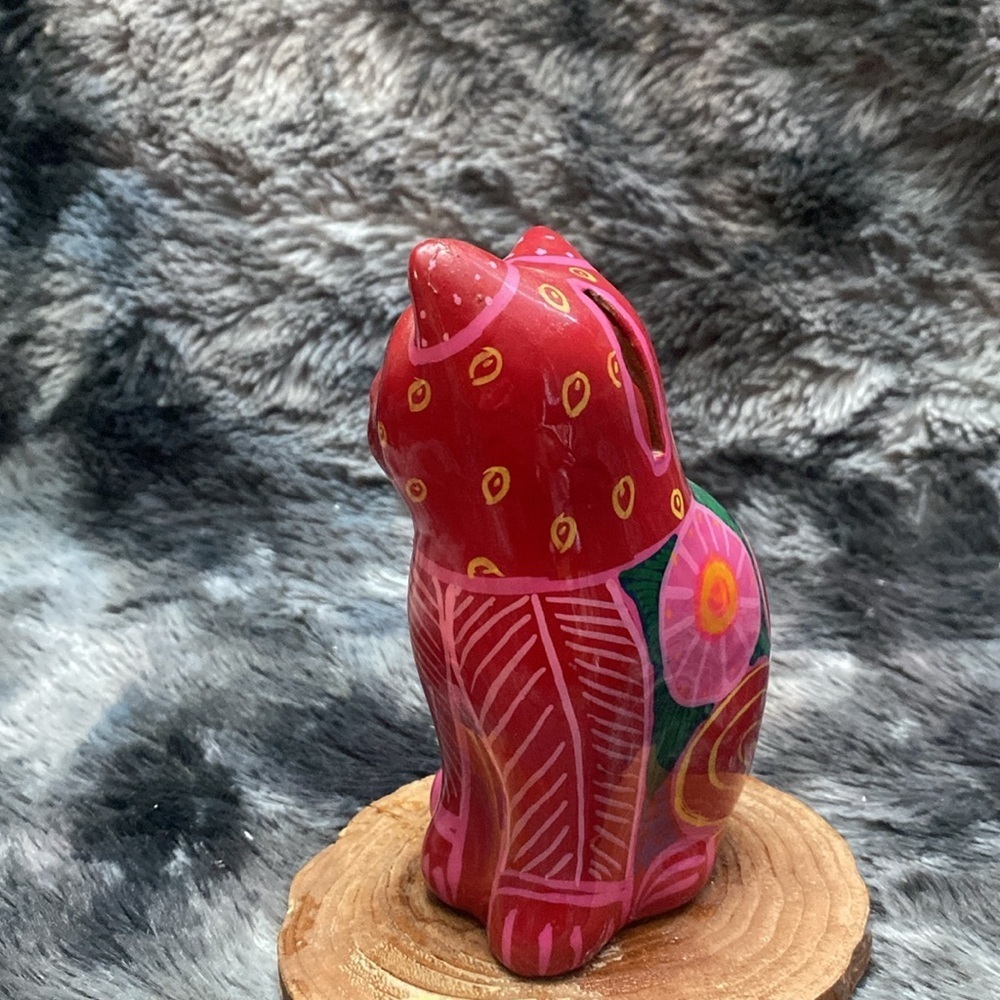 Folk Art Yellow Hand Painted Clay 
Cat Piggy Bank Floral Coin Bank - Picture 5 of 15